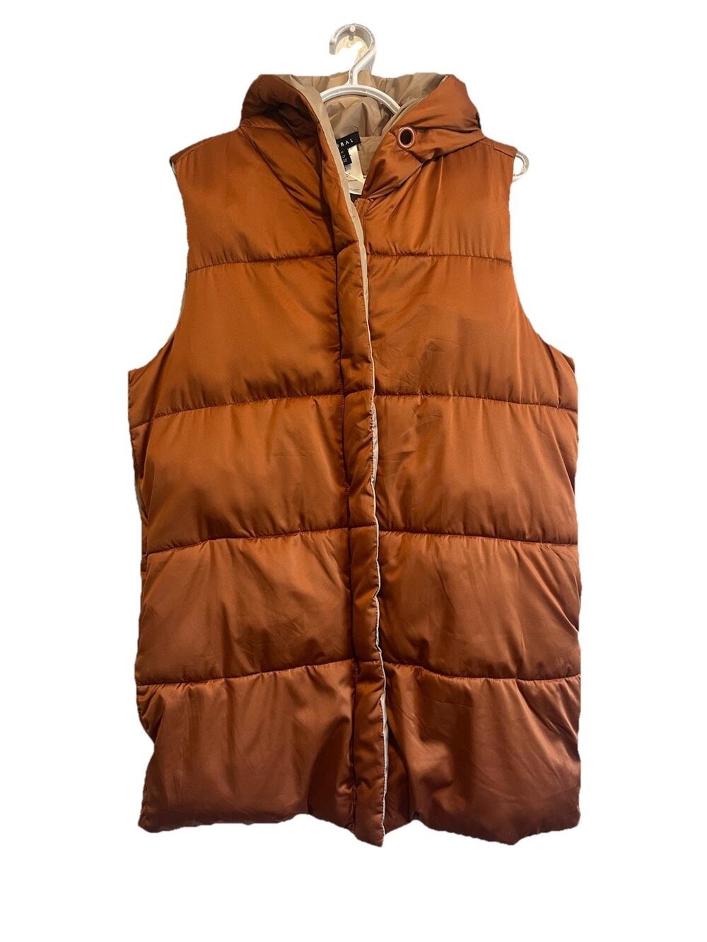 Tribal Hooded Puffer Vest Women M Orange Copper Quilted Sleeveless Jacket Cozy